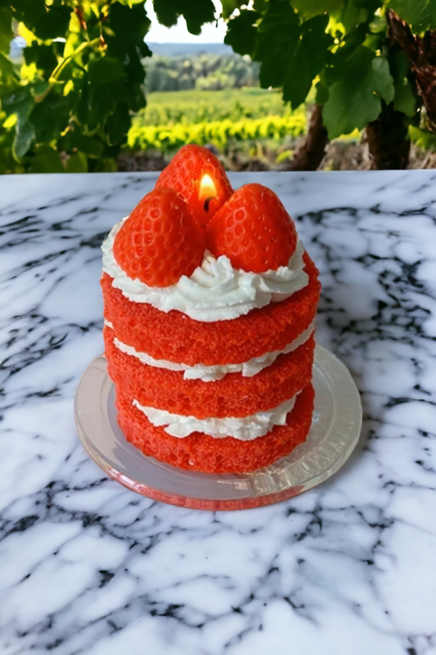 Closeup of 3-Layer Strawberry Pound Cake Candle – Parisian dessert decor.