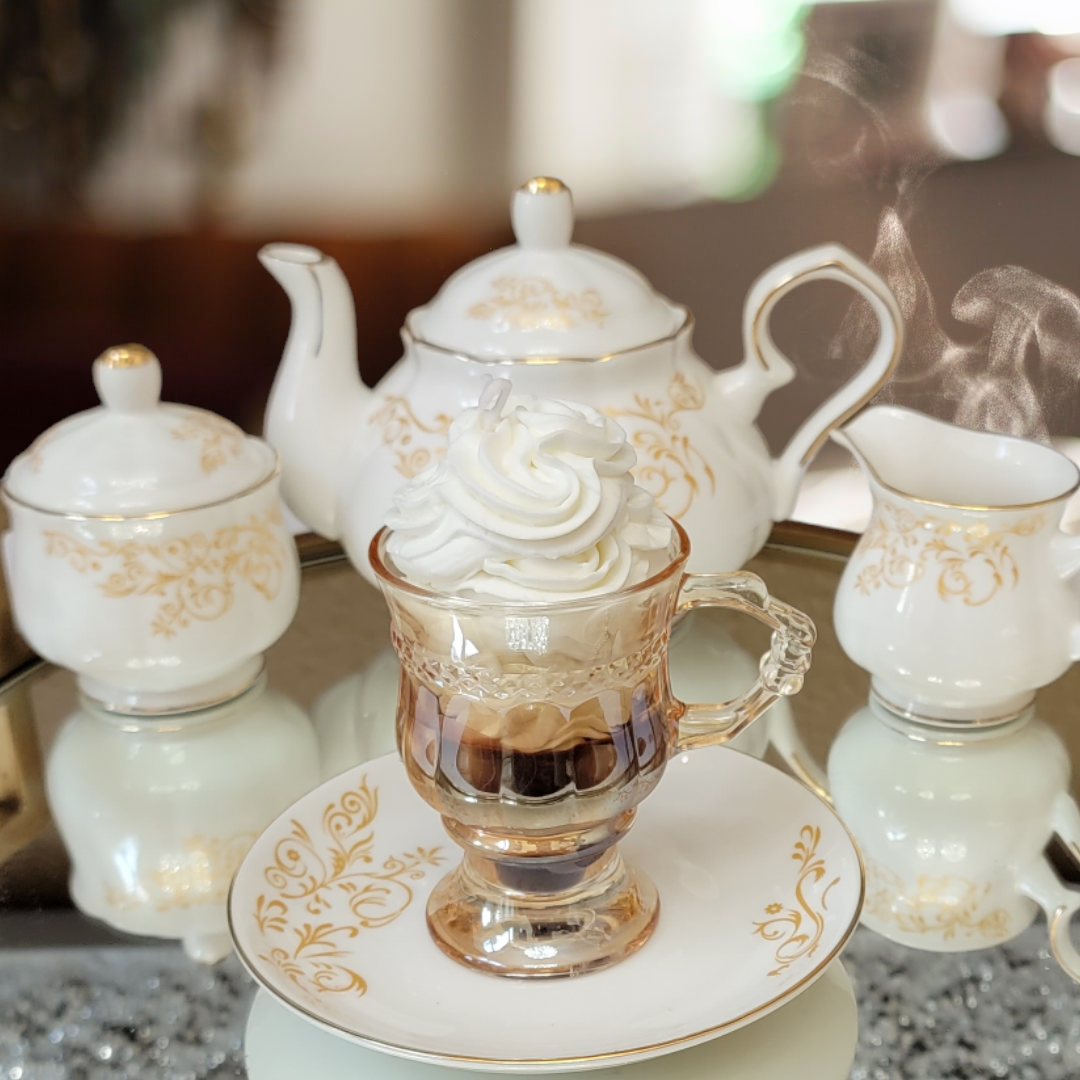 Side view of Caramel Mocha Frappuccino Candle – luxury dopamine decor.