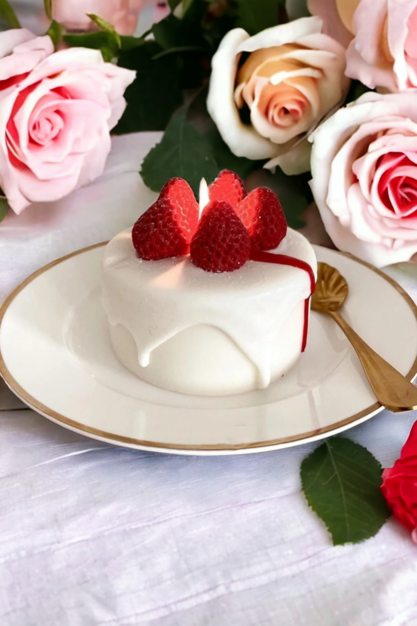 Closeup of Strawberry Cheesecake Candle – dripping white icing and lifelike strawberries.