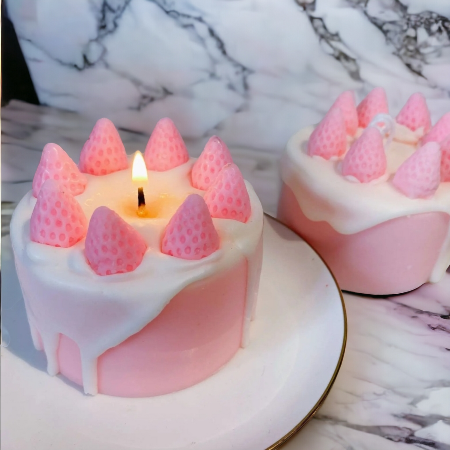 Side view of Strawberry Rosé Cake Candle – Parisian dessert decor.