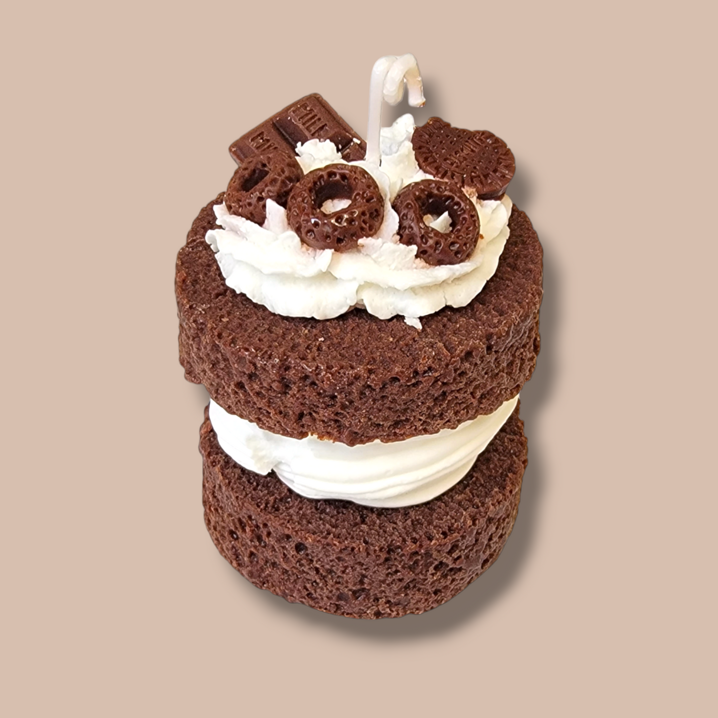 Velvet Chocolate Decadence Candle front view – realistic chocolate dessert candle.
