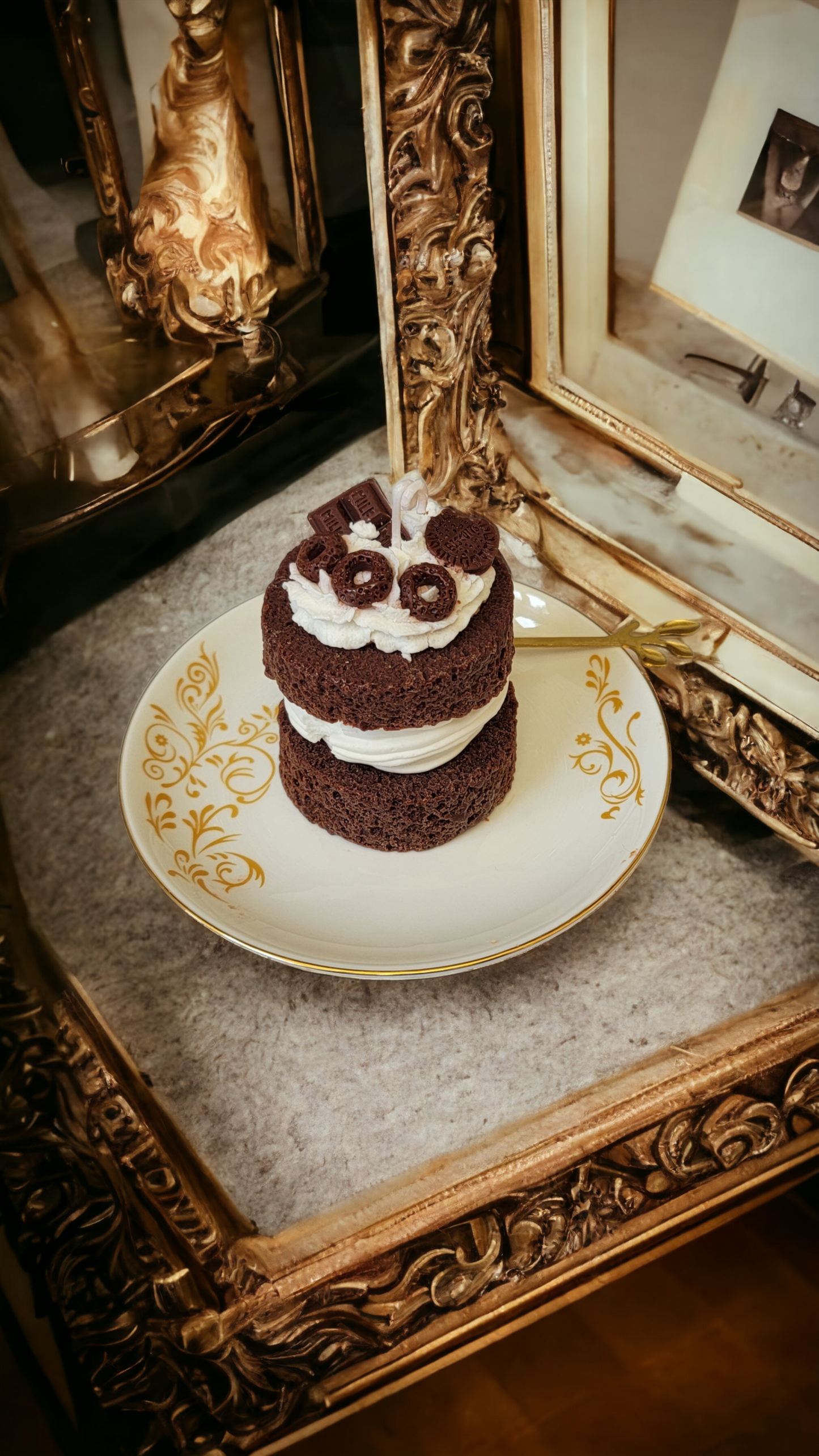 Velvet Chocolate Decadence Candle styled for chocolate dessert decor display.