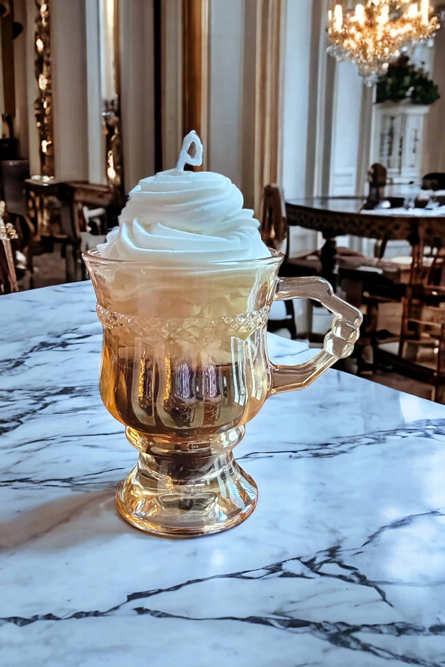 Closeup of Caramel Mocha Frappuccino Candle – whipped cream detail in glass mug