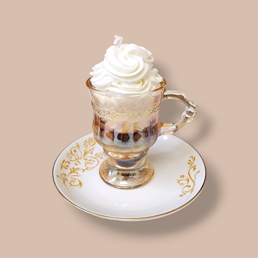 Caramel Mocha Frappuccino Candle front view – realistic coffee dessert candle.