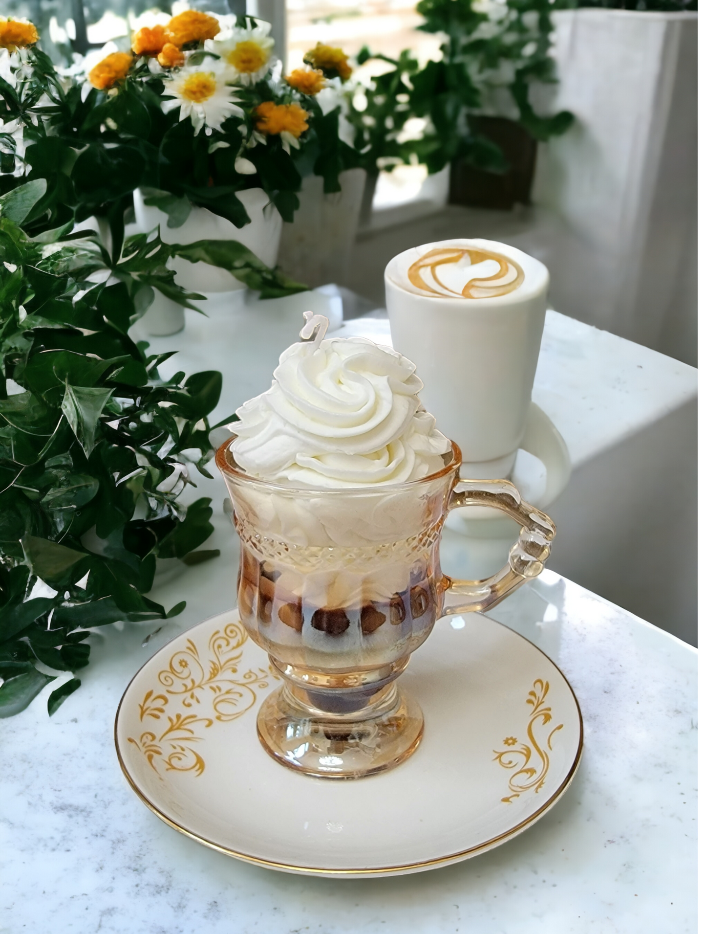 Caramel Mocha Frappuccino Candle styled for coffee bar or kitchen decor.