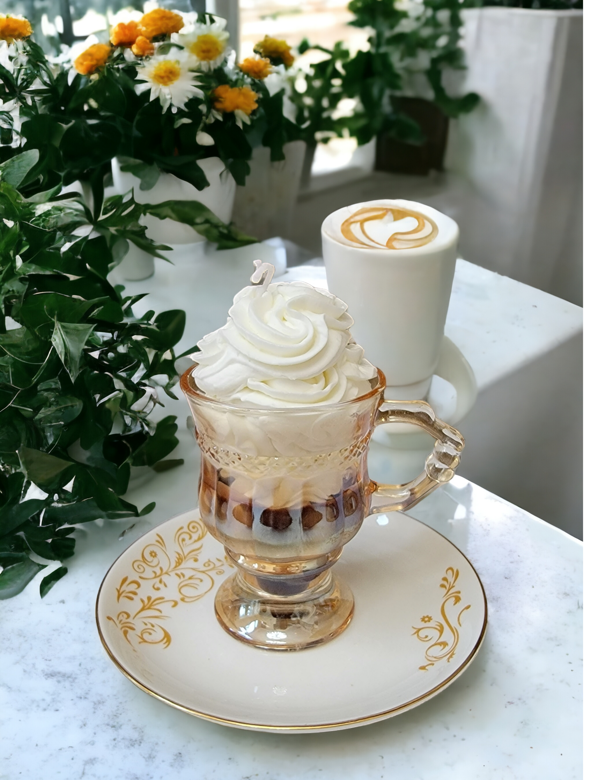 Caramel Mocha Frappuccino Candle styled for coffee bar or kitchen decor.