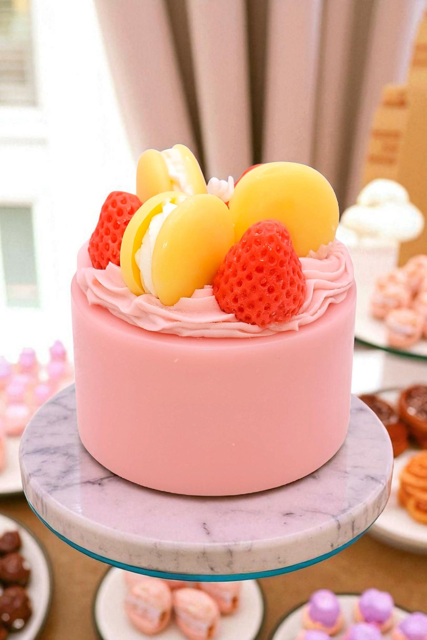 Closeup of Macaron Cake Candle – chantilly cream and macaron details.
