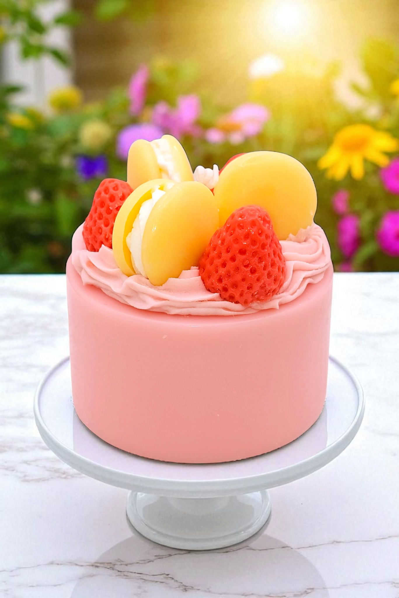 Macaron Cake Candle styled for dopamine decor and Parisian kitchen decor.