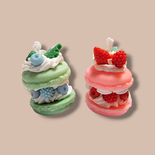 Macaroon Parfait Candle Set front view – stuffed macaron candles in pink and pistachio green.