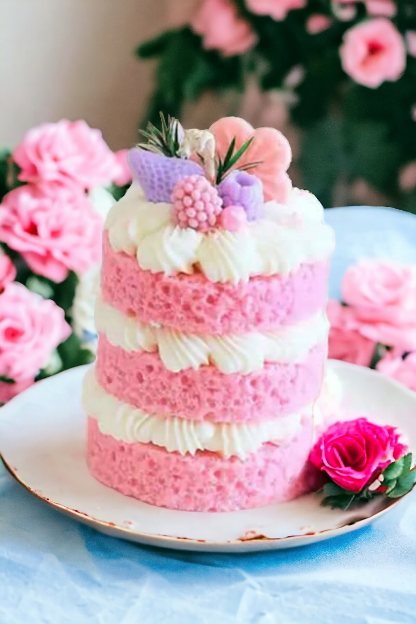 Closeup of Pink Berry Pound Cake Candle – Chantilly cream layers and berries