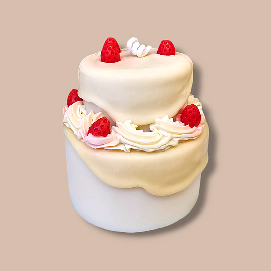 Salted Caramel Cake Candle front view – realistic dessert candle with strawberries