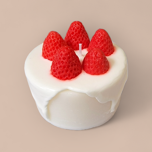 Strawberry Cheesecake Candle front view – realistic dessert candle with strawberries.