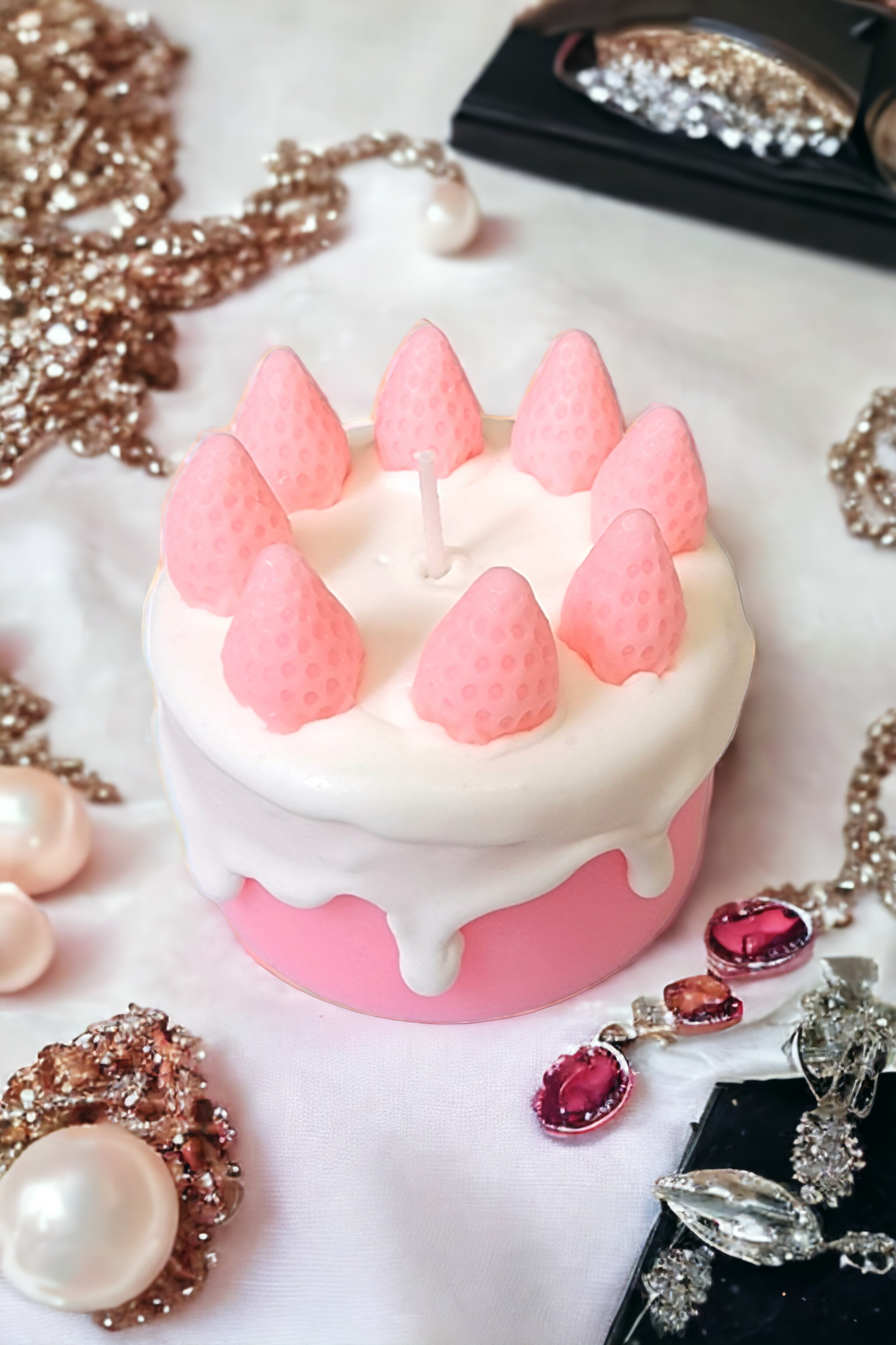 Strawberry Rosé Cake Candle styled for dopamine decor and luxury high tea.