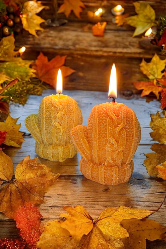 Sweater Weather Candle Set front view – handcrafted mitten candles for fall decor