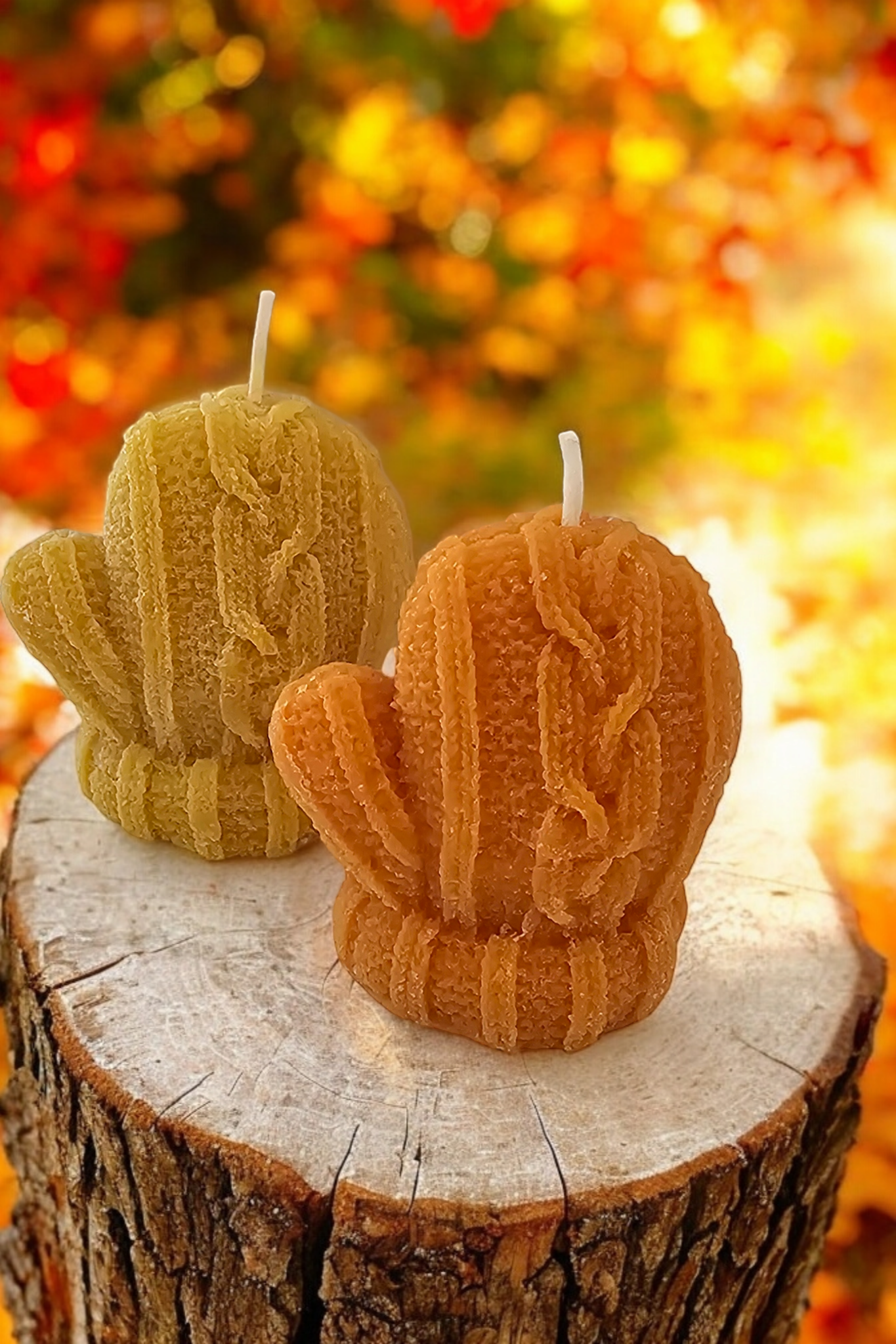 Side view of Sweater Weather Candle – chunky cable knit mitten candle design.