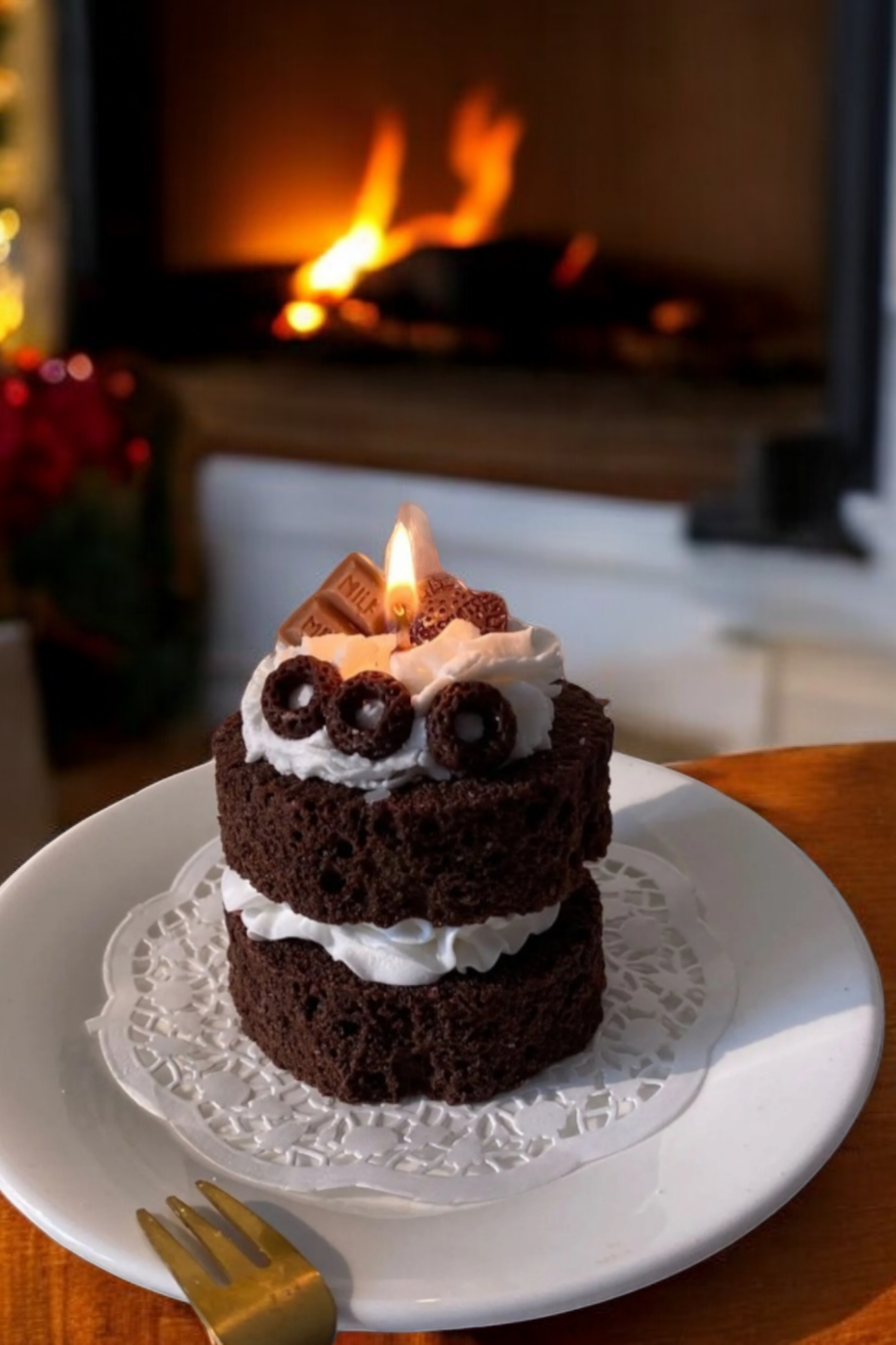 Closeup of Velvet Chocolate Decadence Candle – chantilly cream and chocolate garnish.