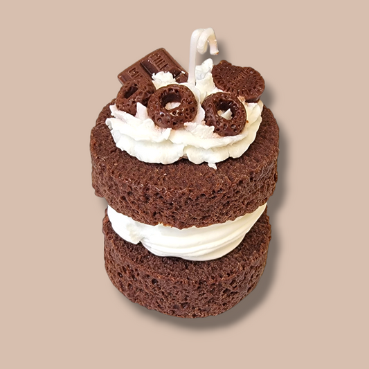 Velvet Chocolate Decadence Candle front view – realistic chocolate dessert candle.