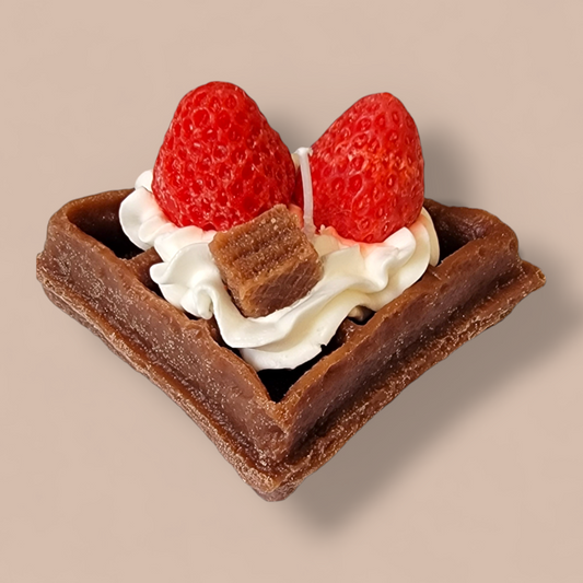 Waffles & Cream Candle front view – realistic chocolate waffle dessert candle